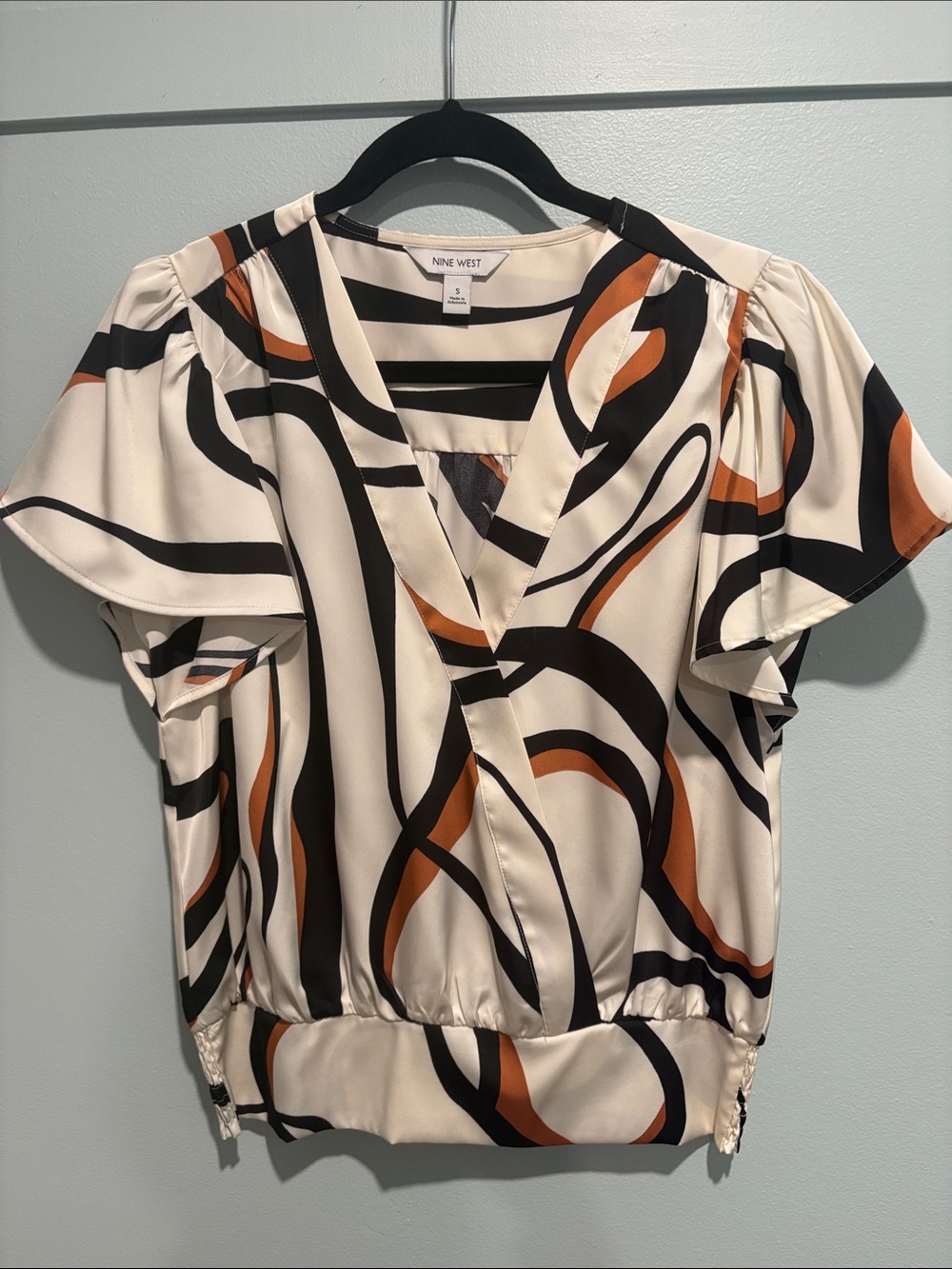 Nine West Cream Blouse with Black and Rust Abstract Swirls